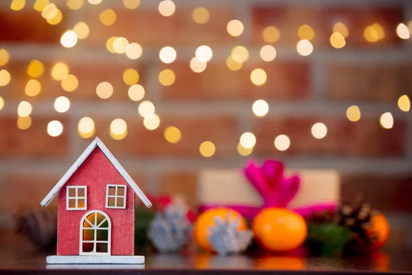 Wooden House Toy Background Fairy Lights Bokeh Christmas Holiday Season — Stock Photo, Image