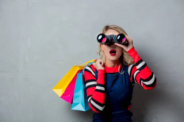 Portrait Young Style Blonde Girl Red Striped Sweater Shopping Bags — Stock Photo, Image