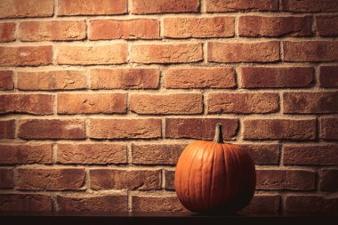 Tuğla duvar arka plan üzerinde bir Turuncu kabak. Görüntü yan köşe ışık ile
