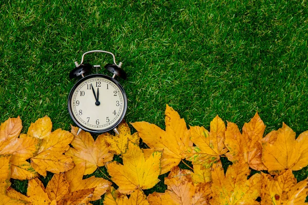 Gouden Herfst Bladeren Van Esdoorn Wekker Groen Gras — Stockfoto