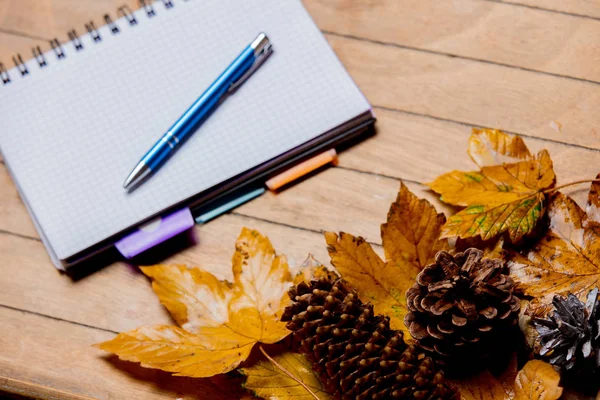 Ноутбук Ручкой Кленовыми Листьями Деревянном Столе — стоковое фото
