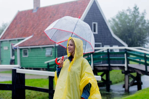 Young Girl Rain Suit Umbrella Stay Bridge Dutch House Background — Stock Photo, Image