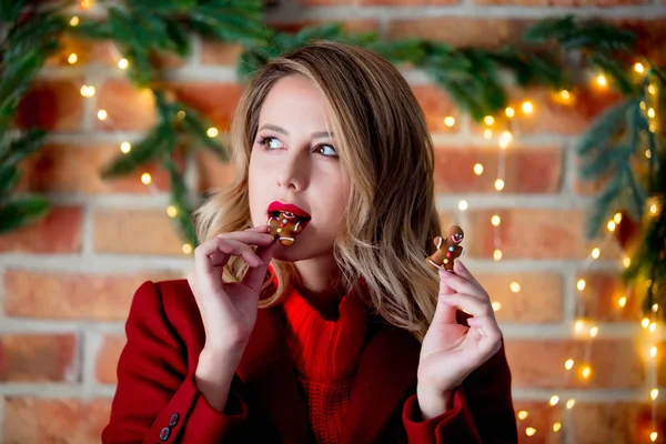 Portrait Young Girl Red Coat Gingerbread Man Christmas Lights Background — Stock Photo, Image