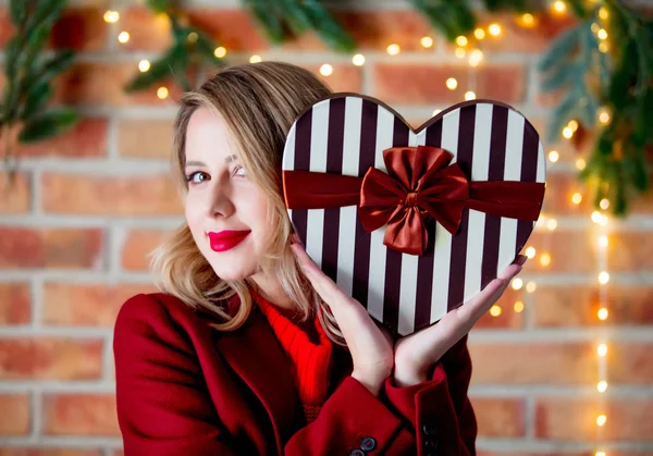 Portrait Young Girl Red Coat Heart Shape Gift Box Christmas — Stock Photo, Image