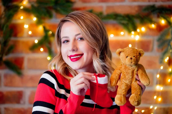 Portrait Young Girl Red Striped Sweater Teddy Bear Toy Christmas — Stock Photo, Image