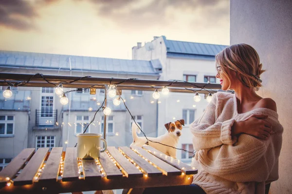 Young Woman Cup Coffee Sitting Table Fairy Lights Evening Time — Stock Photo, Image