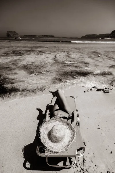 Young Redhead Girl Black Bikini Hat Lying Lounger Balos Beach — Stock Photo, Image