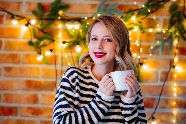 Portrait Young Cozy Woman White Sweater Cup Coffee Christmas Lights — Stock Photo, Image