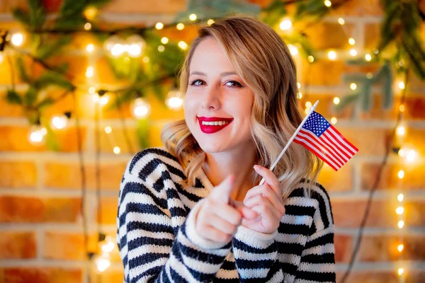 Portrait Young Cozy Woman White Sweater United States America Flag — Stock Photo, Image