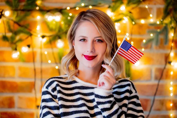 Portrait Young Cozy Woman White Sweater United States America Flag — Stock Photo, Image