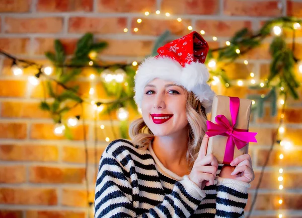 Portrait Young Cozy Woman Present Gift Christmas Lights Pine Branch — Stock Photo, Image