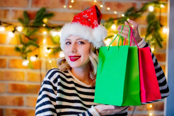 Portrait Young Cozy Woman Shopping Bags Christmas Lights Pine Branch — Stock Photo, Image