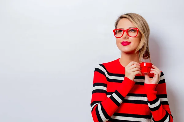 Portrait Beautiful White Smiling Woman Red Sweater Cup Coffee White — Stock Photo, Image