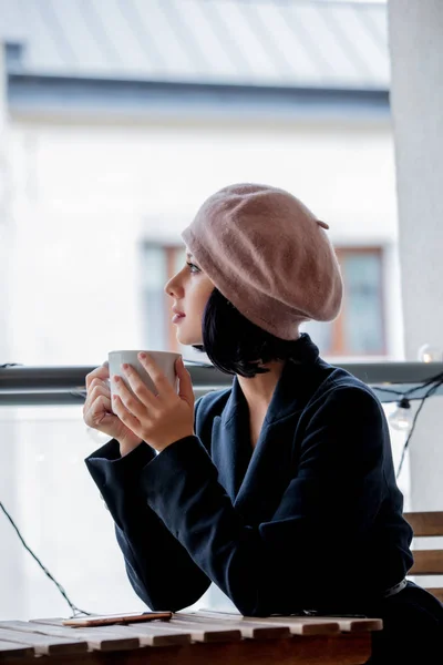 Portrait Young Girl Cup Coffee Sitting Table Relax — Stock Photo, Image