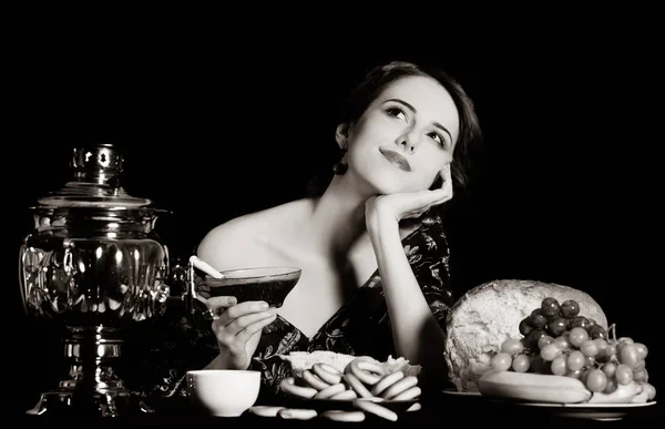 Portrait Beautiful Rich Russian Woman Food Dreaming Image Black White — Stock Photo, Image