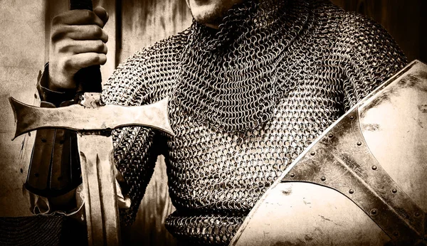 Knight Man Holding Sword Shield Image Black White Color Style — Stock Photo, Image