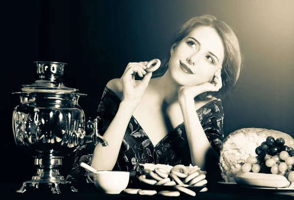 Portrait Beautiful Rich Russian Woman Tea Food Image Black White — Stock Photo, Image