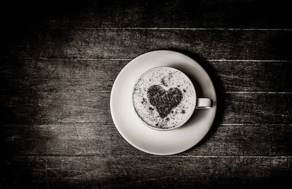 Cup Coffee Heart Cinnamon Wooden Table Image Black White Color — Stock Photo, Image