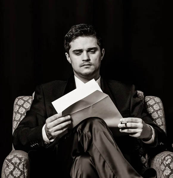 Man File Sitting Vintage Armchair Image Black White Color Style — Stock Photo, Image