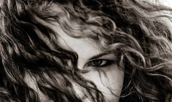 Close View Eyes Curly Girl Image Black White Color Style — Stock Photo, Image