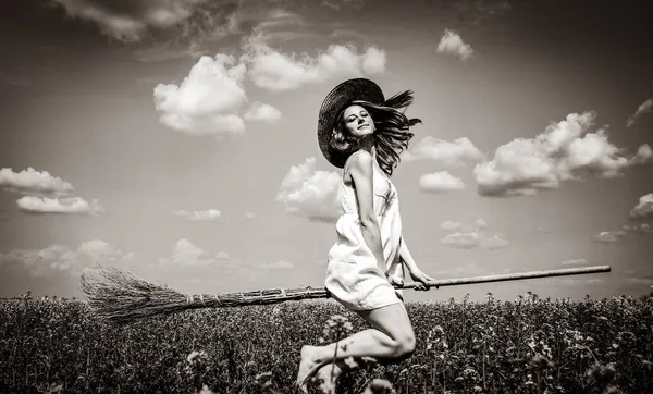 Enchantress Fly Spring Rapeseed Field Broom Image Black White Style — Stock Photo, Image