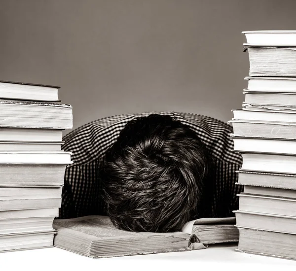 Young Tired Student Books Isolated Image Black White Color Style — Stock Photo, Image