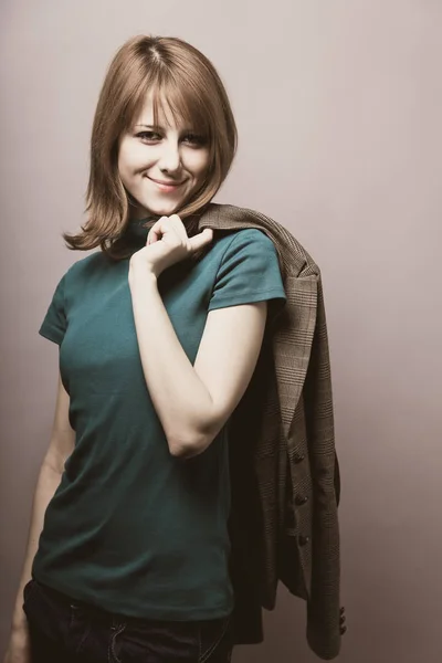 Young Style Girl Green Shirt Holding Jacket — Stock Photo, Image