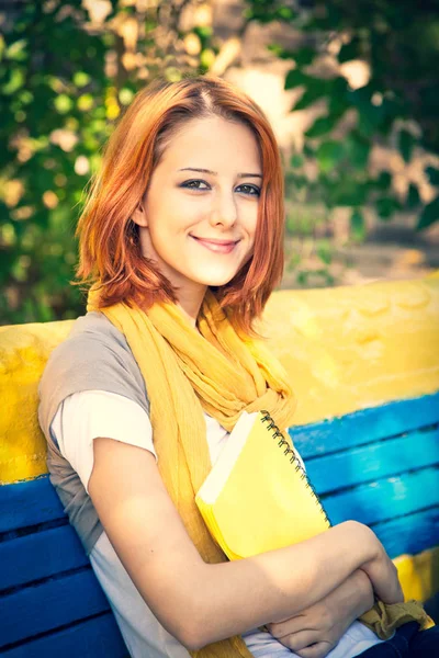Red Haired Student Girl Notebook Sitting Outdoor — Stock Photo, Image