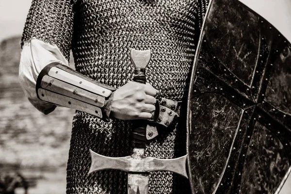 Knight Man Holding Sword Shield Image Black White Color Style Stock Image