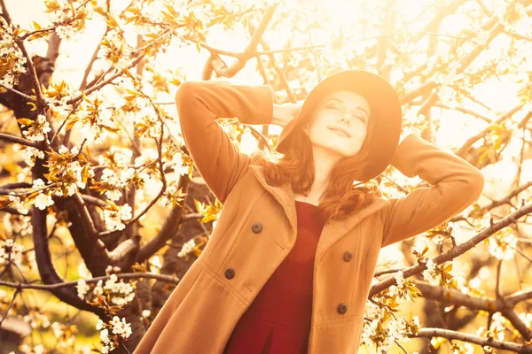 Woman in blossom apple tree garden — Stock Photo, Image