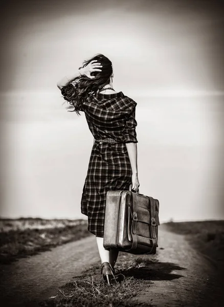 Beautiful Girl Plaid Dress Bag Countryside Image Black White Color — Stock Photo, Image