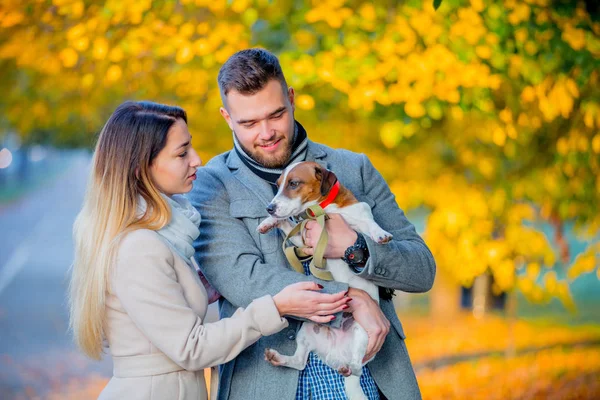 Junges Paar Mit Hund Auf Herbstsaisonallee — Stockfoto