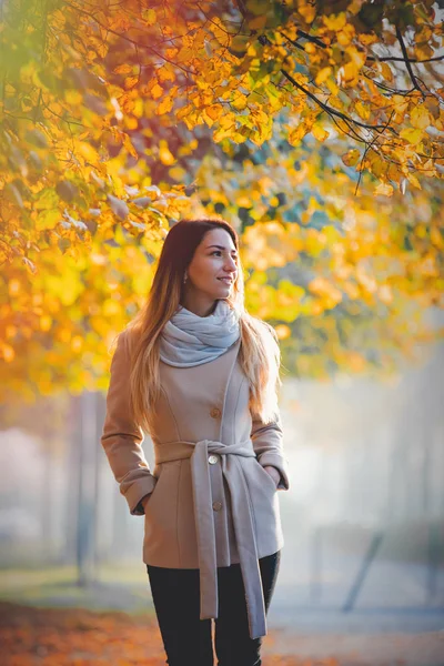 在秋天的小巷走在大衣的年轻女孩 — 图库照片