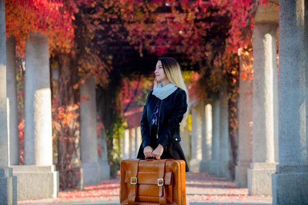 Young Girl Suitcase Red Grapes Alley Autumn Season Time — Stock Photo, Image