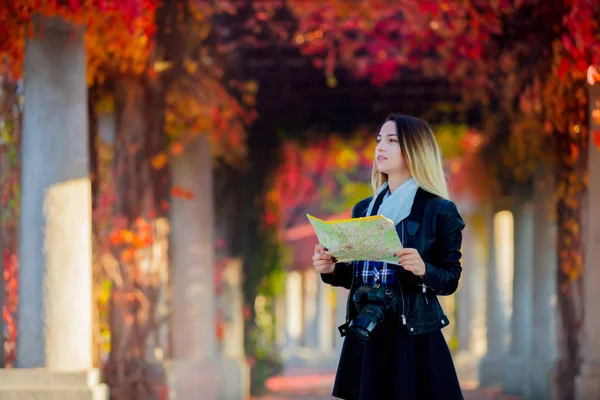 Chica Joven Con Mapa Cámara Tratar Encontrar Una Manera Alley —  Fotos de Stock