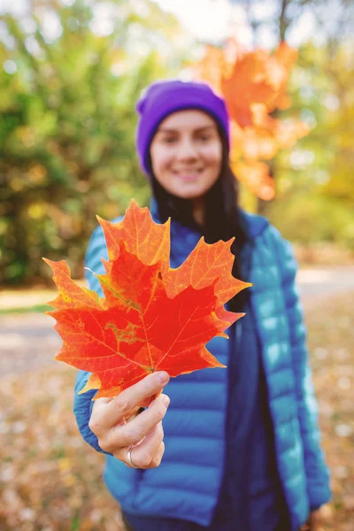 Mooie Jonge Vrouw Blauwe Jas Violet Hoed Met Bladeren Herfst — Stockfoto