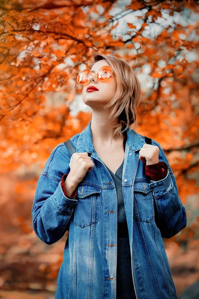 Stylish Woman Glasses Blue Denim Jacket Park Autumn Season Time — Stock Photo, Image