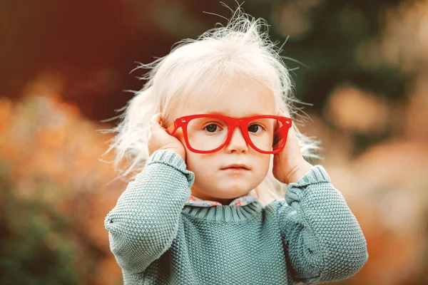 Mała Blondynka Okularach Czerwony Zielony Sweter Jesienny Park — Zdjęcie stockowe