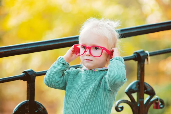 Bambina Bionda Occhiali Rossi Maglione Verde Nel Parco Autunnale — Foto Stock