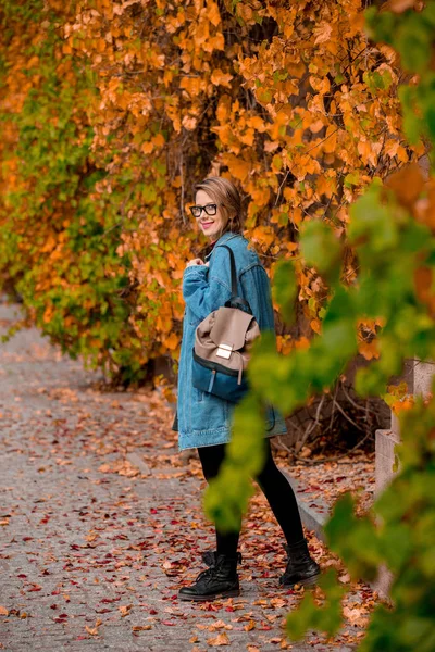 Giovane Donna Giacca Che Cammina Nel Parco Stagione Autunnale Scena — Foto Stock