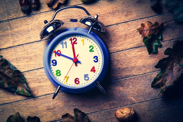 Reloj y hojas caídas — Foto de Stock