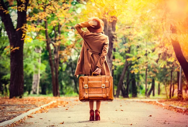 红发女孩带着手提箱中片秋色的公园 — 图库照片