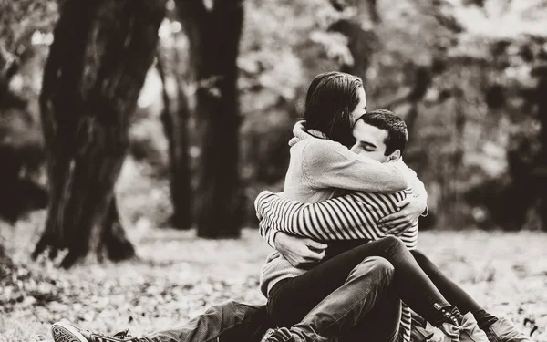 Young Couple Love Kissing Autumn Season Park Image Black White — Stock Photo, Image