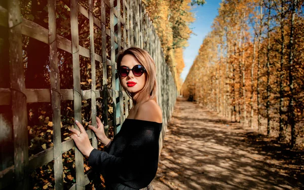 Девушка в солнечных очках в парке осеннего сезона — стоковое фото