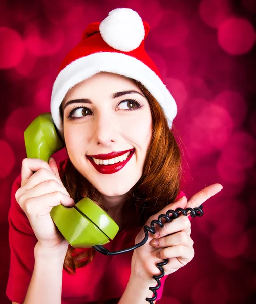 Woman with dial phone handset — Stock Photo, Image