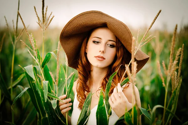 Şapka ve beyaz elbise tarzı Kızıl saçlı kız Mısır koçanı kırsal bir alanda duruyor.