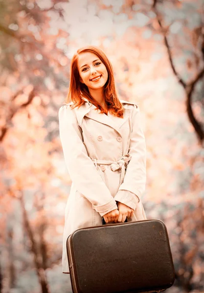 Style Redhead Girl Suitcase Autumn Season Park Image Filter — Stock Photo, Image