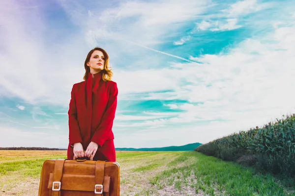 Portrait Young Woman Red Coar Autumn Countryside Suitcase — Stock Photo, Image
