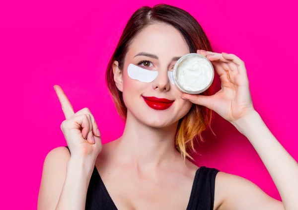 Woman Using Eye Patch Her Eyes Cream Pink Background Isolated — Stock Photo, Image