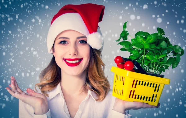 Woman in Santa Claus hat with basket of herbs — Stock Photo, Image